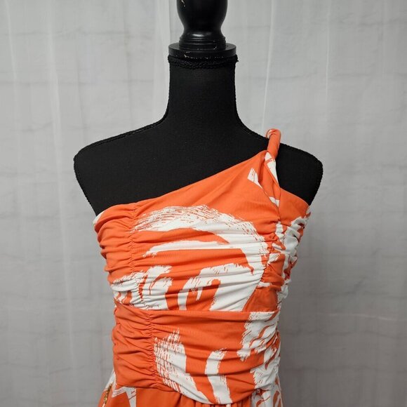 NWT Tracy Negoshian Orange White Tropical Ruched One Shoulder Mini Dress S - Picture 2 of 12